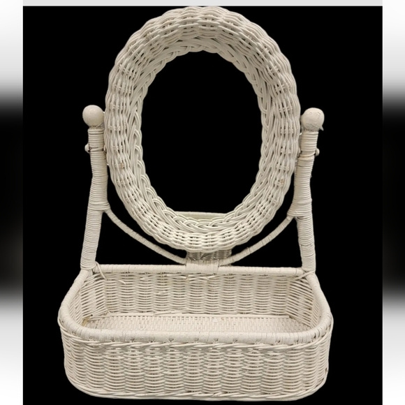 Pier 1 Other Vintage White Wicker Rattan Vanity Mirror Basket Table